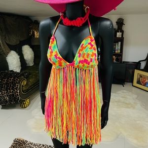 Handmade Multi-Colored Fringe Crochet Triangle Bikini Top New No Tags.